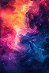 Obraz premium Vibrant abstract painting with swirling colors of pink, orange, blue, and purple, creating a cosmic feel with its dynamic and fluid patterns.