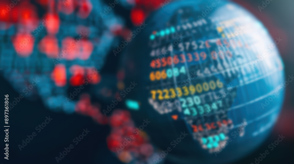 Poster a blurred digital representation of earth with glowing data and network connections, symbolizing glo