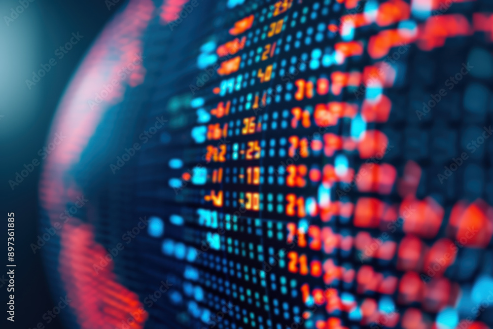 Poster glowing data on an led screen represents technology and digital information. blurred background emph