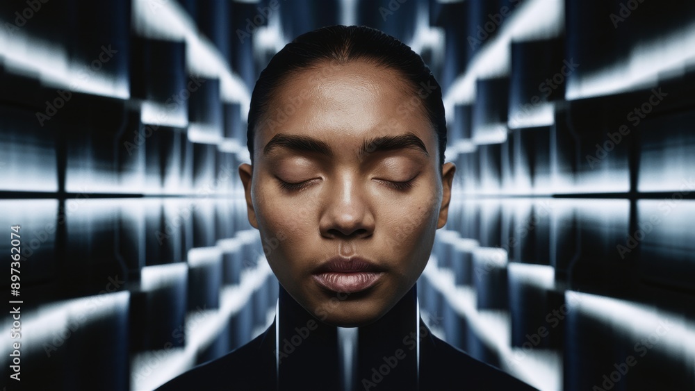 Poster a woman with eyes closed in a futuristic looking image, ai