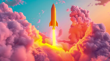 Fototapeta premium A dramatic and cinematic 3D rendering depicting a golden rocket launching from a rising arrow surrounded by soft fluffy pastel colored clouds