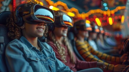 A family of four enjoys a virtual reality experience at an amusement park, wearing headsets and engaging in a simulated adventure.
