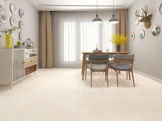 Elegant dining room interior with huge dinning space and storage rack for utensils, wooden countertop dining table with four chairs, window to city view, marble on floor and wall. 3D Rendering