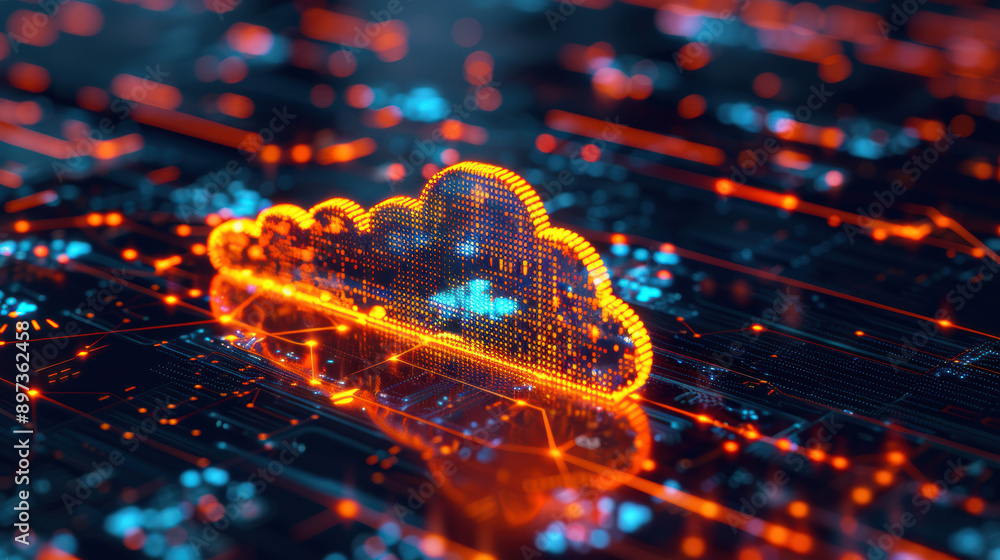 Poster abstract digital cloud icon with glowing lights representing data storage and network technology in 