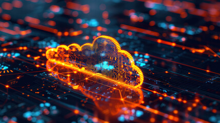 Abstract digital cloud icon with glowing lights representing data storage and network technology in a futuristic style.
