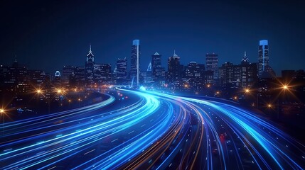 Obraz premium Digital Transformation of a Smart City: Band Lights Over Modern Urban Cityscape at Night with Fast Internet Communication and Fiber Optics Technology