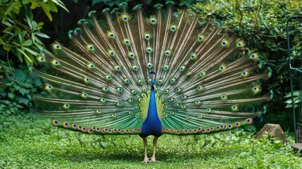 Obraz premium Colorful peacock strutting in a lush garden, its magnificent tail feathers fanned out in a dazzling display
