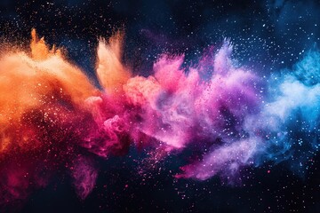 Obraz premium Vibrant explosion of colorful powder on dark background, creating a stunning abstract cloud of pink, orange, and blue hues. Perfect for dynamic and creative visuals.