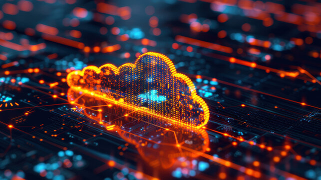 Abstract digital cloud icon with glowing lights representing data storage and network technology in a futuristic style.