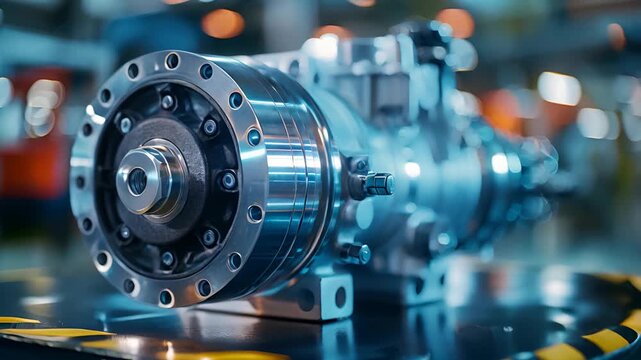 Shiny new industrial pump with bearings, bolts, and pipes on a metal surface in a factory, promising reliable performance in manufacturing
