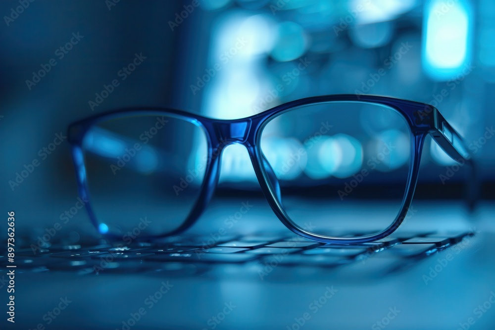 Poster A pair of eyeglasses rest on a keyboard with a blurred computer screen behind them. Generative AI