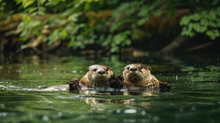 Fototapeta premium Two otters swimming in water