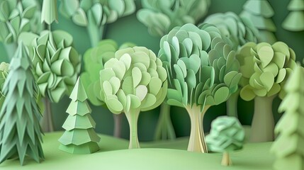 A paper-crafted forest background with only trees.creating a whimsical and handcrafted feel