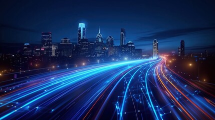 Digital Transformation of a Smart City: Band Lights Over Modern Urban Cityscape at Night with Fast Internet Communication and Fiber Optics Technology