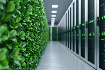A modern data center with energy-efficient servers and sustainable plant wall, showcasing a green and eco-friendly approach to technology infrastructure.