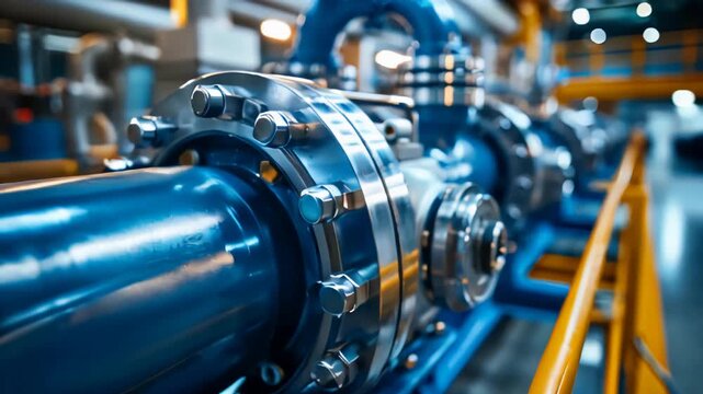Close-up view of a large flange connection on an industrial pipeline system, showcasing the intricate details and robust construction of modern industrial infrastructure