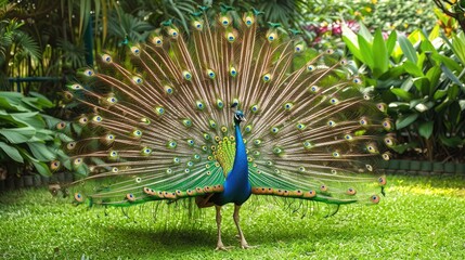 Obraz premium Colorful peacock strutting in a lush garden, its magnificent tail feathers fanned out in a dazzling display