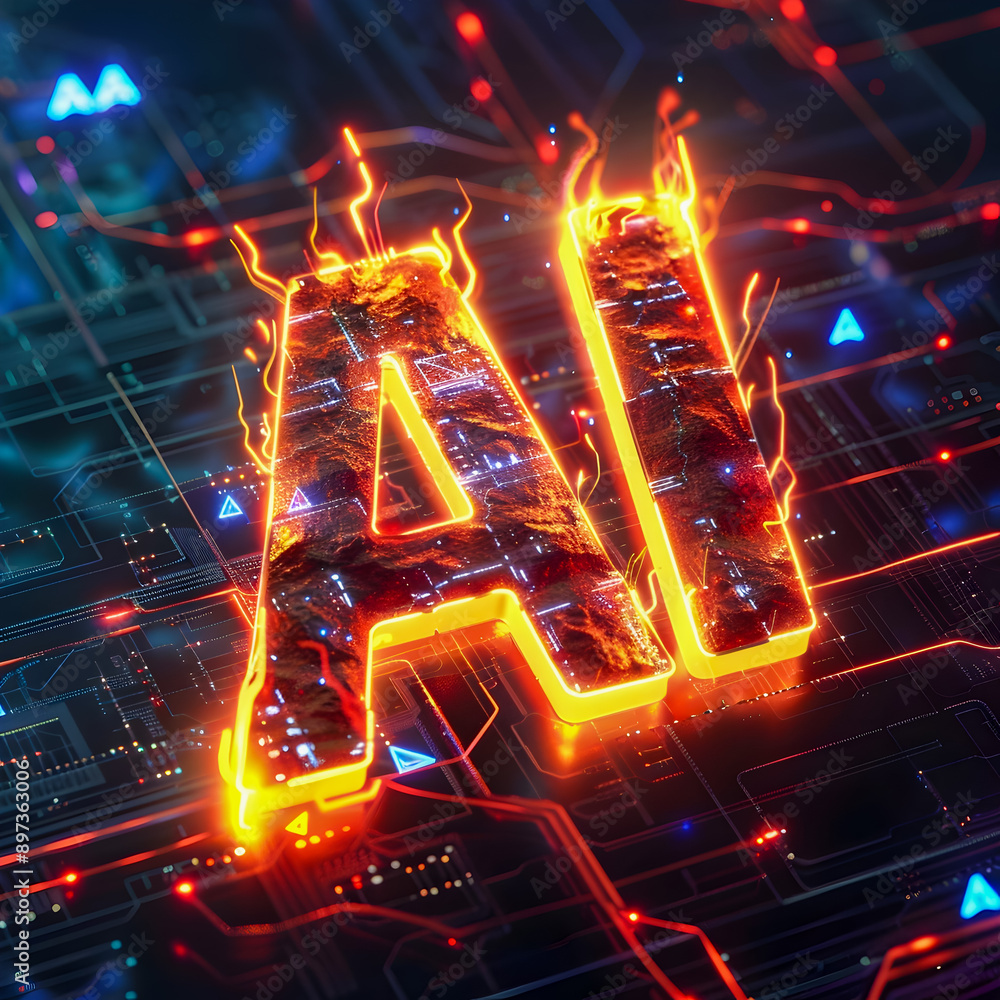 Poster a 3d rendering of the glowing fiery letters ai in a dynamic pose against a dark digital landscape fi