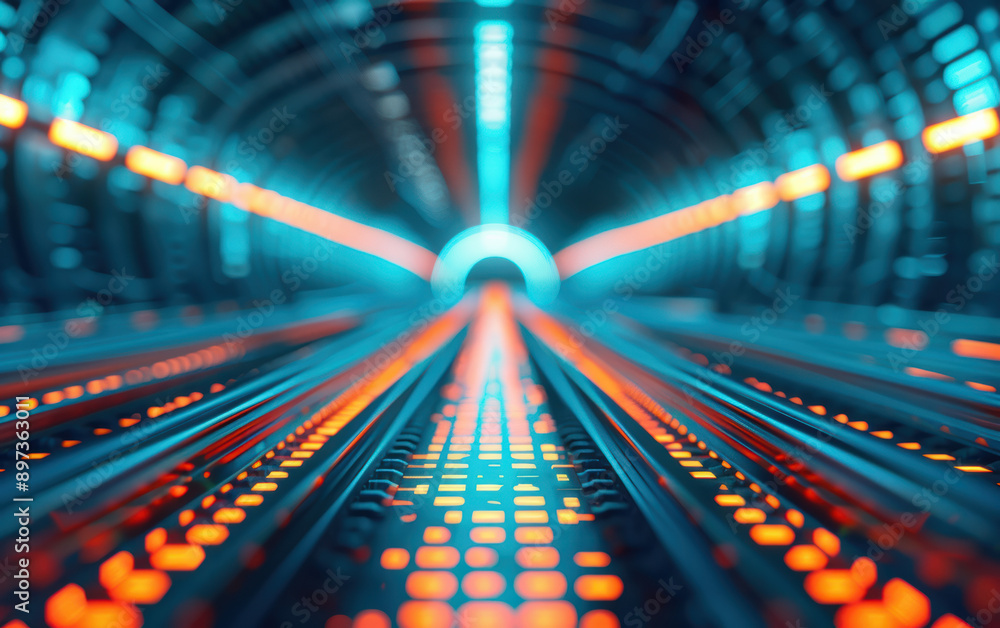 Poster futuristic tunnel with glowing neon lights and intricate patterns showcasing advanced technology and
