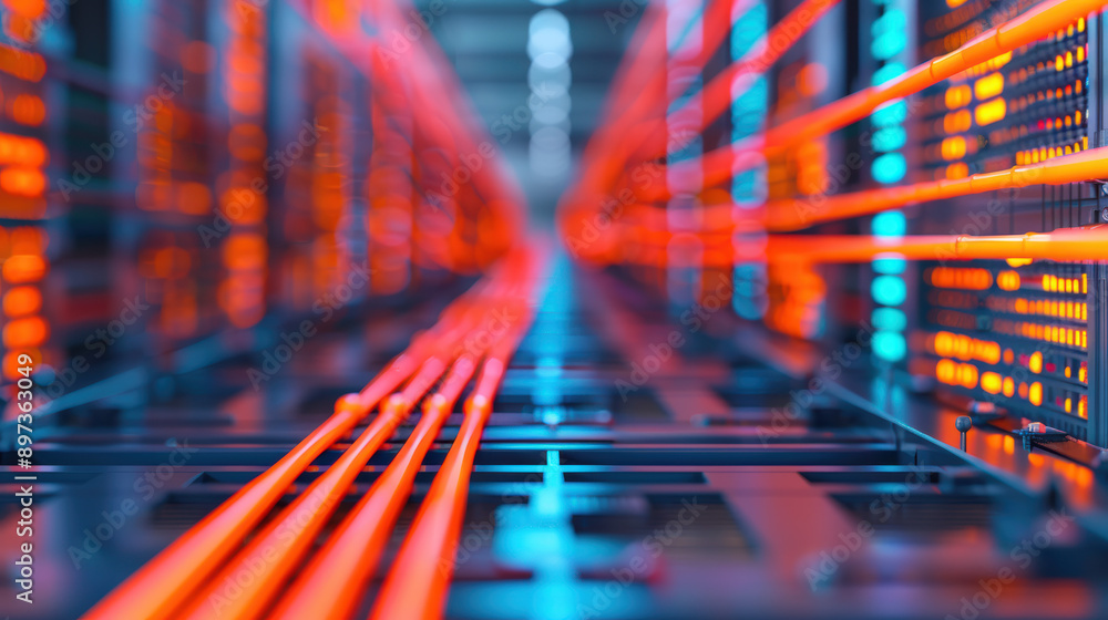 Poster close-up of data center server racks with vibrant orange and blue lights, showcasing advanced techno