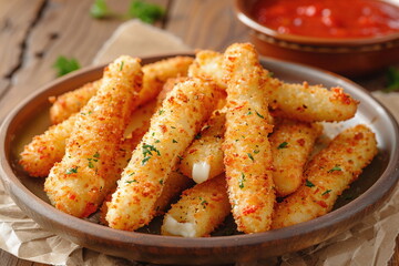 Fototapeta premium Fictional Mozzarella Cheese Sticks Crisp to Perfection Generated by AI