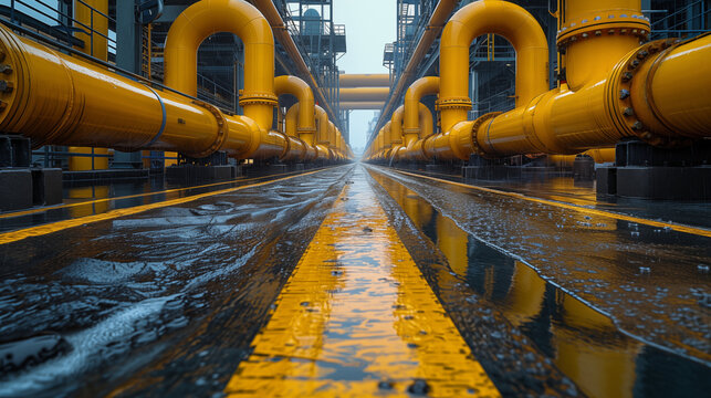 Industrial pipeline facility with massive yellow pipes stretching into the distance on a rainy day. Concept of energy infrastructure, industrial engineering, and transportation systems.
