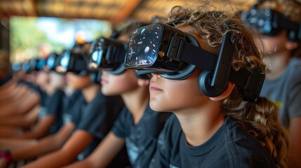A group of students wearing virtual reality headsets in a classroom setting.