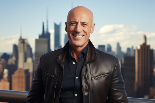 Portrait of a smiling man in his 50s sporting a stylish leather blazer isolated in stunning skyscraper skyline