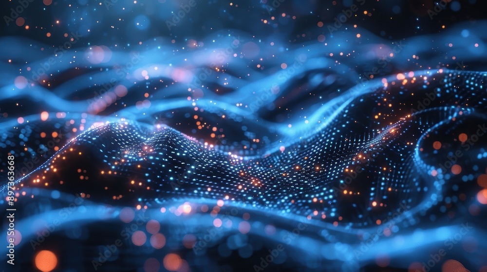 Poster a mesmerizing abstract digital wave, illuminated with blue and orange particles, creating a dynamic 