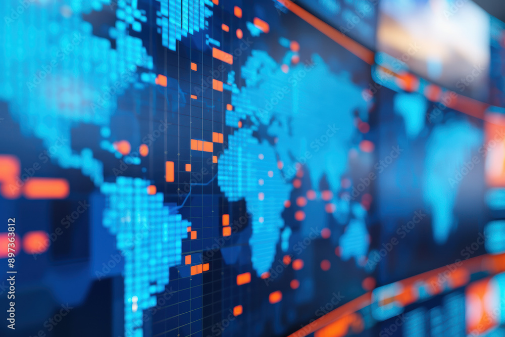 Poster close-up of digital world map with graphs and data points, representing global analytics, technology