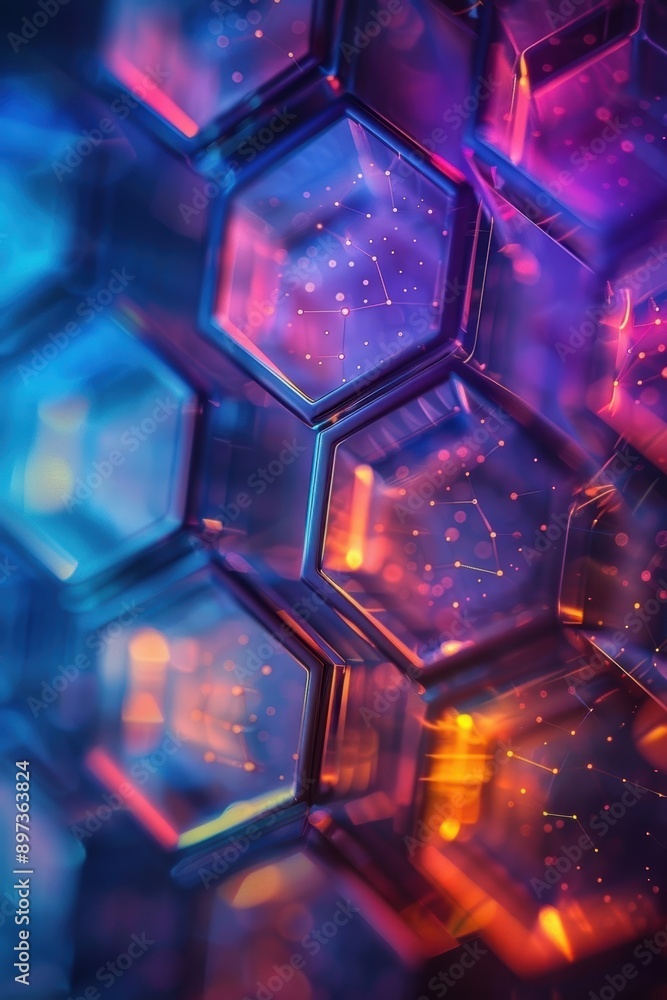 Poster vibrant abstract hexagonal pattern with glowing light reflections in blue and orange hues, perfect f