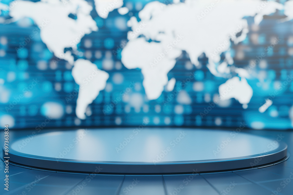 Poster futuristic global technology background with a world map and a modern empty podium, perfect for tech
