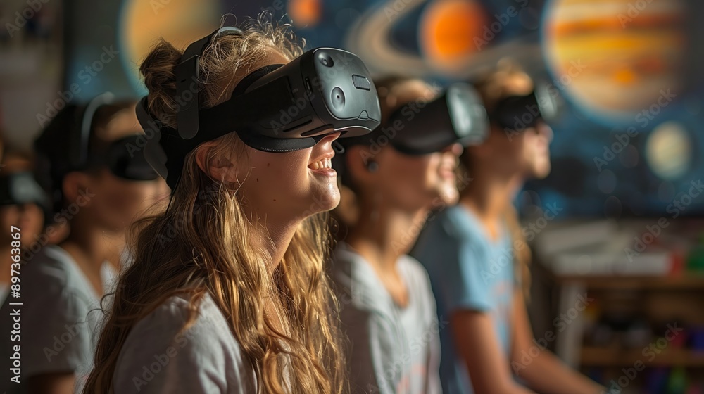 Poster a group of students in a classroom setting use vr headsets to explore a virtual world, with one stud