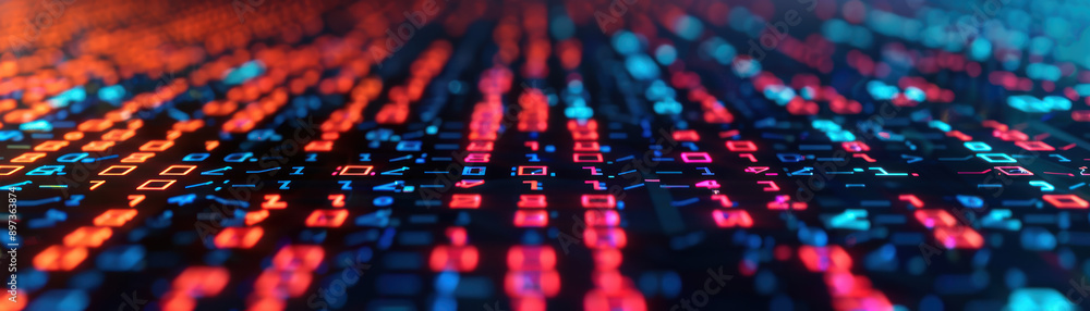 Poster close-up of abstract binary code in red and blue, depicting digital data, technology, cyber security