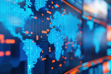Close-up of digital world map with graphs and data points, representing global analytics, technology, and data visualization in a modern context.