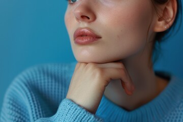 Pensive Person in Ultramarine - Contemplative Profile View of Individual Scratching Chin in Blue Tone, Deep in Thought