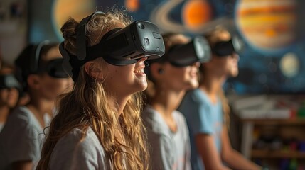 A group of students in a classroom setting use VR headsets to explore a virtual world, with one student smiling at the experience.