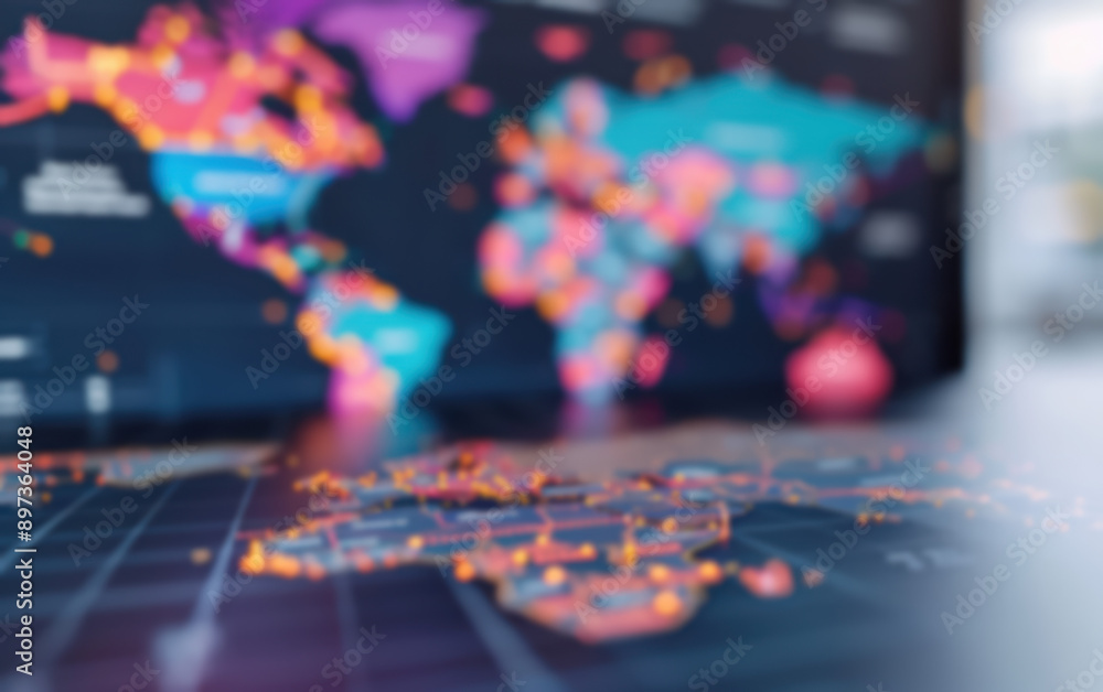 Poster blurry world map digital display with colorful data points, representing global connectivity, data a