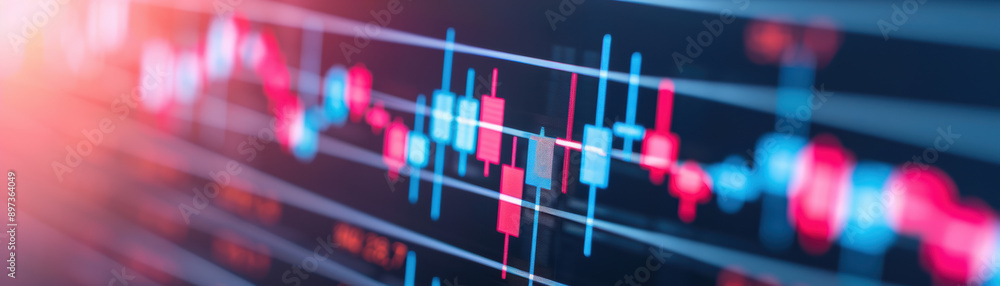 Poster abstract financial chart with digital indicators and colorful bars representing stock market trends 
