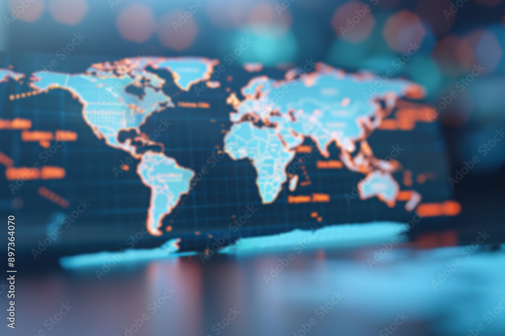 Poster futuristic digital world map with glowing data points, illustrating global network connections and t