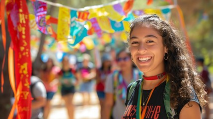 Obraz premium smiling young woman at summer camp standing in front of colorful banners with other festival goers behind her, shallow depth of field, natural lighting