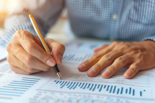 Close-up of a person analyzing financial charts and graphs, writing with a pen. Business report, data analysis, and financial management concept.