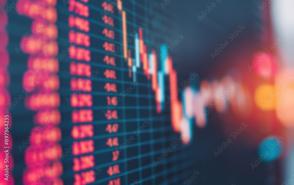Poster a blurred image showcasing stock market data with fluctuating graphs and numbers, indicating financi