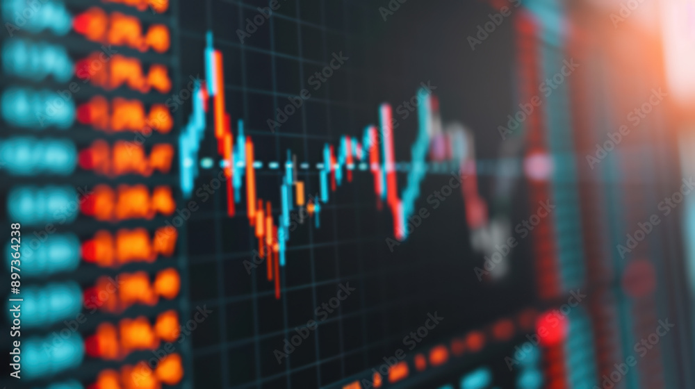 Aufkleber close-up shot of a colorful stock market graph displayed on a digital screen, showing fluctuating fi