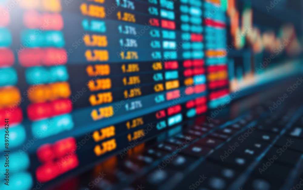 Poster blurred image of a stock market ticker display with colorful numbers and graphs, representing fluctu