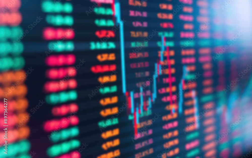 Poster blurred colorful financial stock market chart with red and blue data points and trading graphs, repr