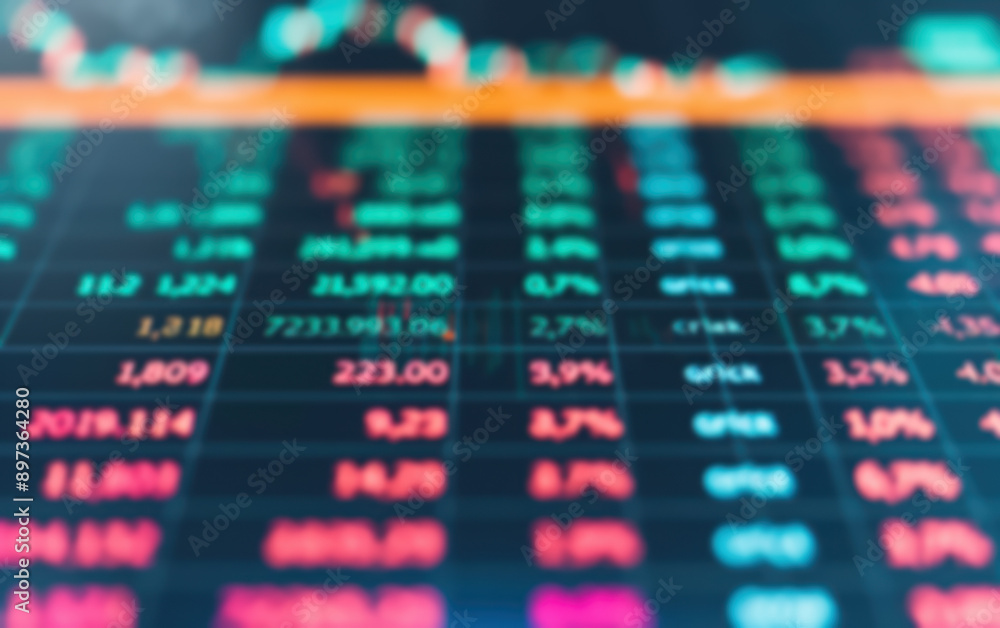 Poster blurry stock market data on a digital screen with colorful numbers and graphs indicating financial t