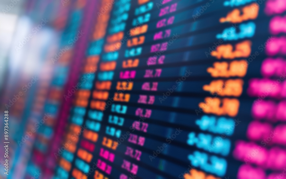 Poster close-up of a stock market display showing financial data with colorful numbers and graphs. ideal fo