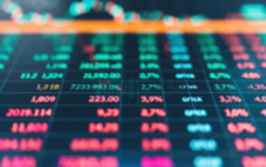Blurry stock market data on a digital screen with colorful numbers and graphs indicating financial trends, investments, and market analysis.