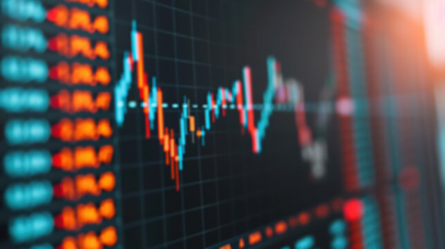 Close-up shot of a colorful stock market graph displayed on a digital screen, showing fluctuating financial data in a trading environment.